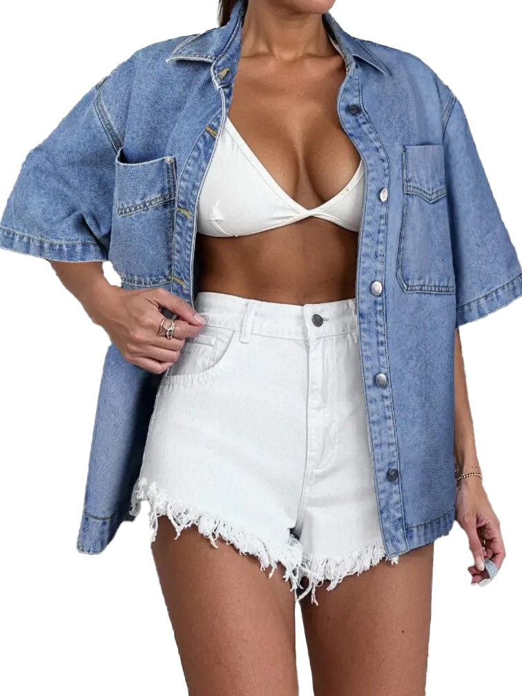 Women Loose Short Sleeve Button Down Denim Trucker Jacket With Chest Pockets