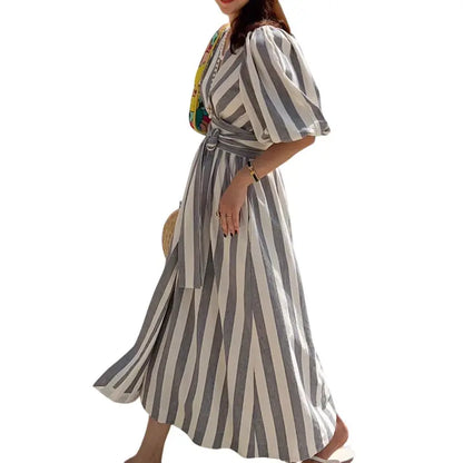 Deep V Neck Puff Sleeve Striped Maxi Dress With Belt