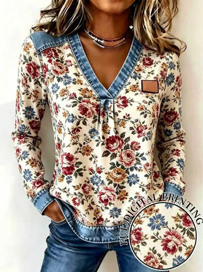 Hot Sale-Women's Fake Denim Patchwork Print V Neck Top