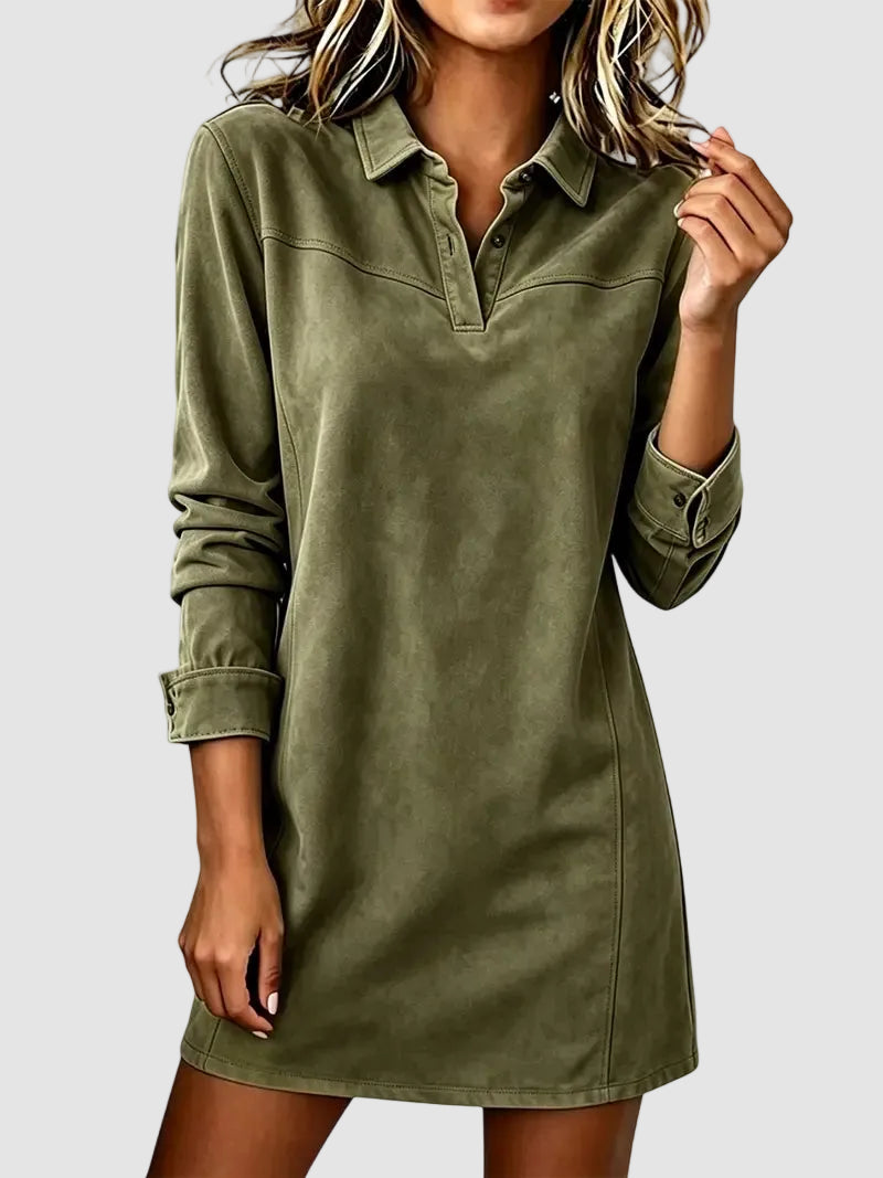 Women's Faux Suede Lapel Long Sleeve Shirt Dress
