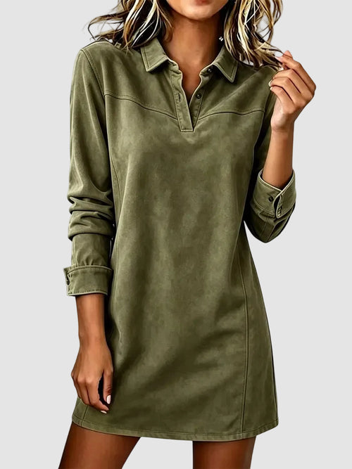 Women's Faux Suede Lapel Long Sleeve Shirt Dress