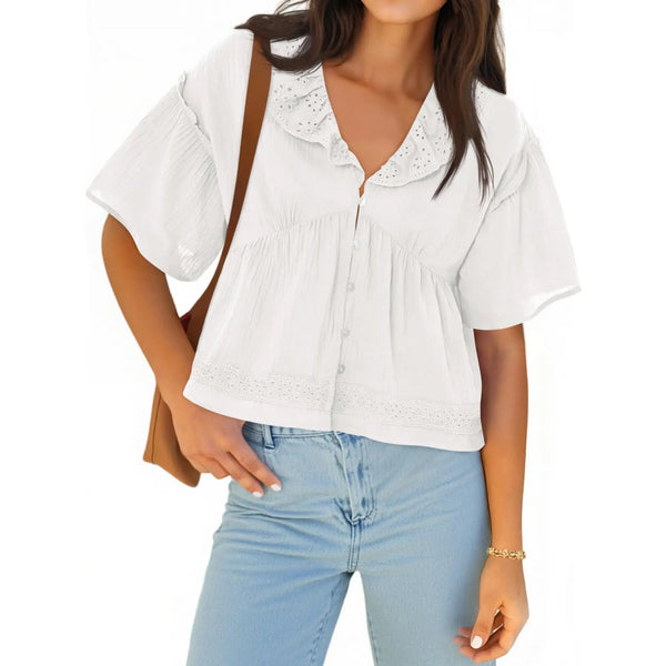 Womens Cropped Babydoll Tops Summer Eyelet V Neck Short Sleeve Cute Blouses Ruffle Shirts