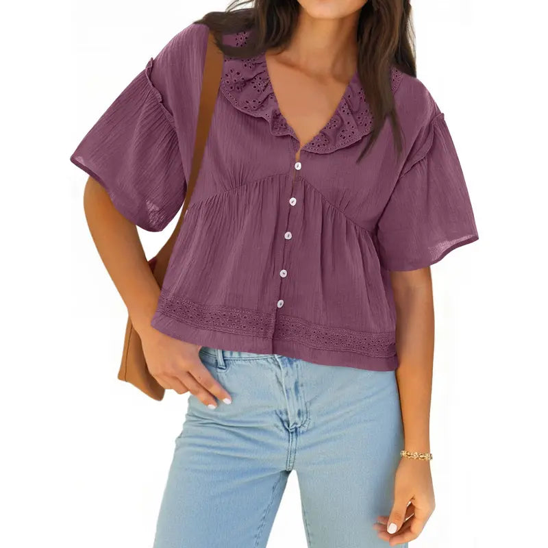 Womens Cropped Babydoll Tops Summer Eyelet V Neck Short Sleeve Cute Blouses Ruffle Shirts