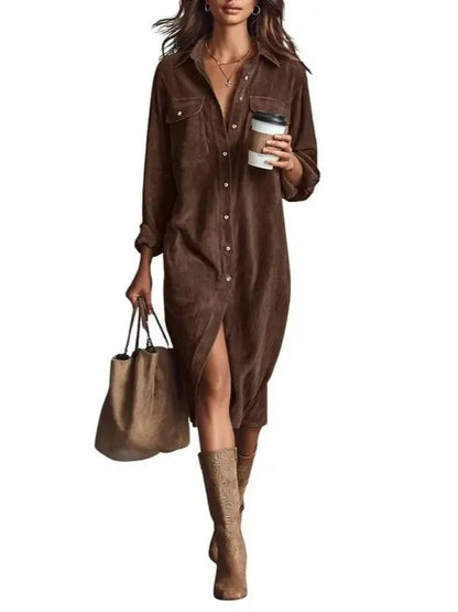 ⏰Hot Sale-Women’s Fall Lapel Corduroy Button Down Shirt Dress