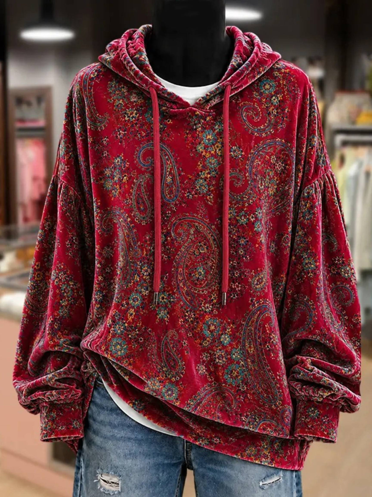 Vintage Paisley Print Velvet Hoodie Top