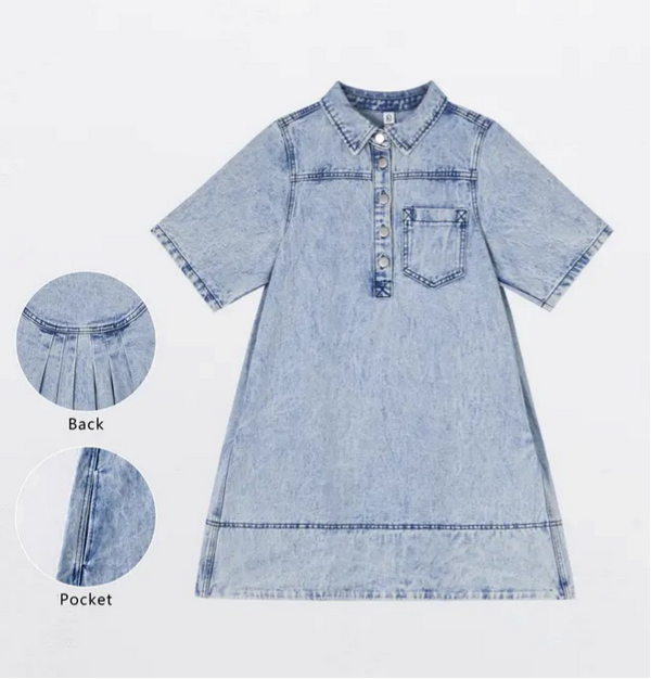 Women Collar Half Button  Loose Denim Shirt Dress With Pocket