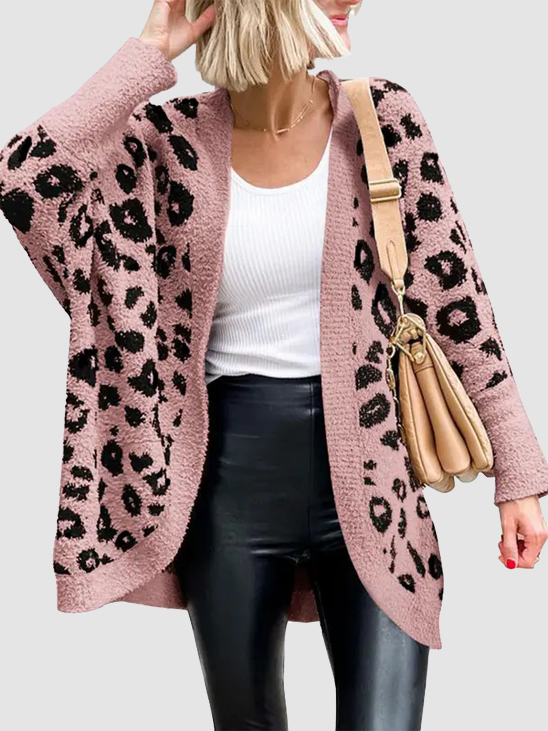 Women's Leopard Print Long Sleeve Cardigan Sweater with Pockets