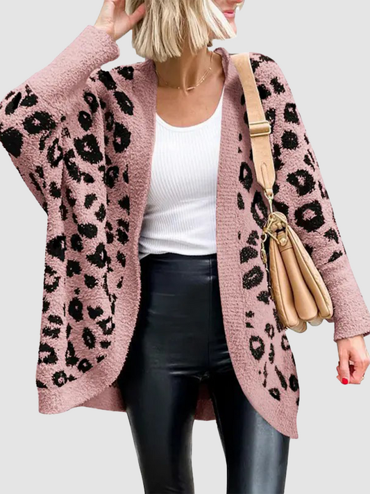 Women's Leopard Print Long Sleeve Cardigan Sweater with Pockets