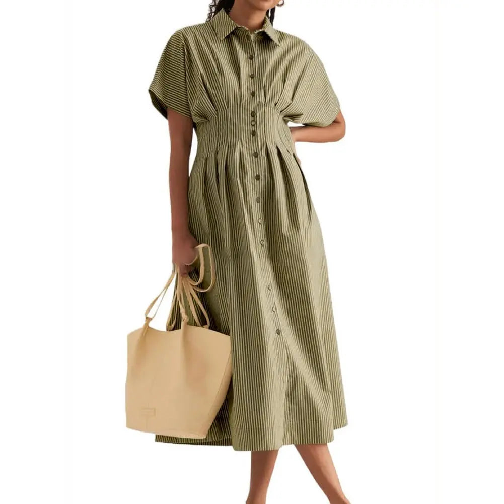 Pleated Waist Striped Shirt Midi Dress