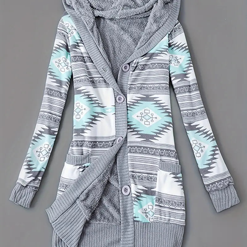 Y2K Geometric Fair Isle Hooded Button Knit Cardigan