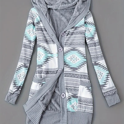 Y2K Geometric Fair Isle Hooded Button Knit Cardigan