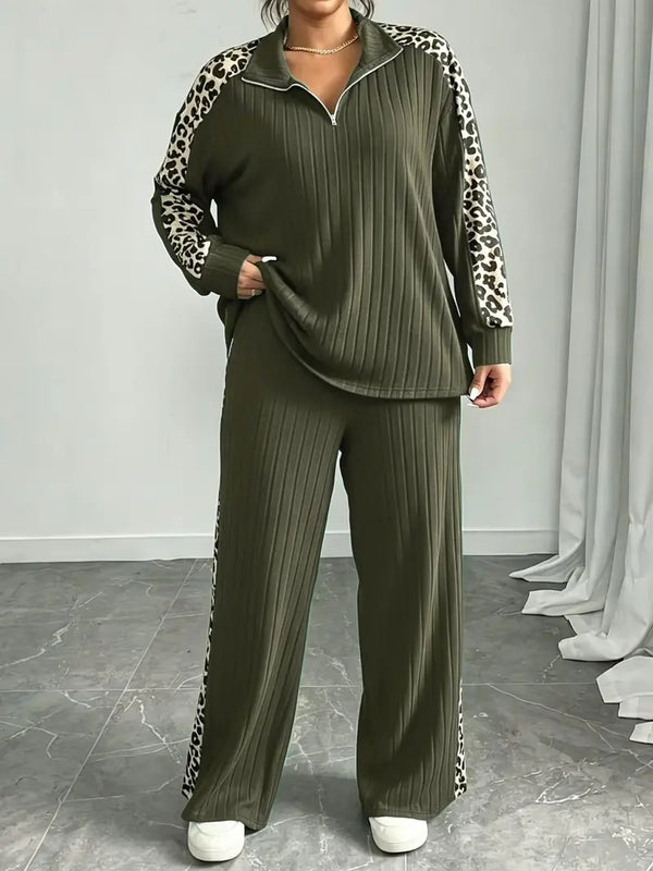 Plus Size Women Leopard Ribbed 2 Piece Outfit