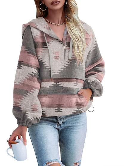Western Boho Loose Fit Long Sleeve Hooded Pullover, Aztec Print Casual Sweatshirt For Ladies
