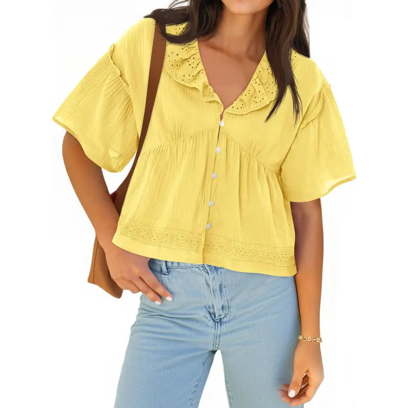 Womens Cropped Babydoll Tops Summer Eyelet V Neck Short Sleeve Cute Blouses Ruffle Shirts