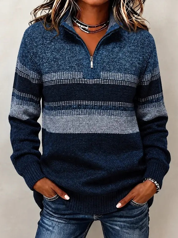 Hot Sale-Color Block Striped Half Zip Knit Pullover
