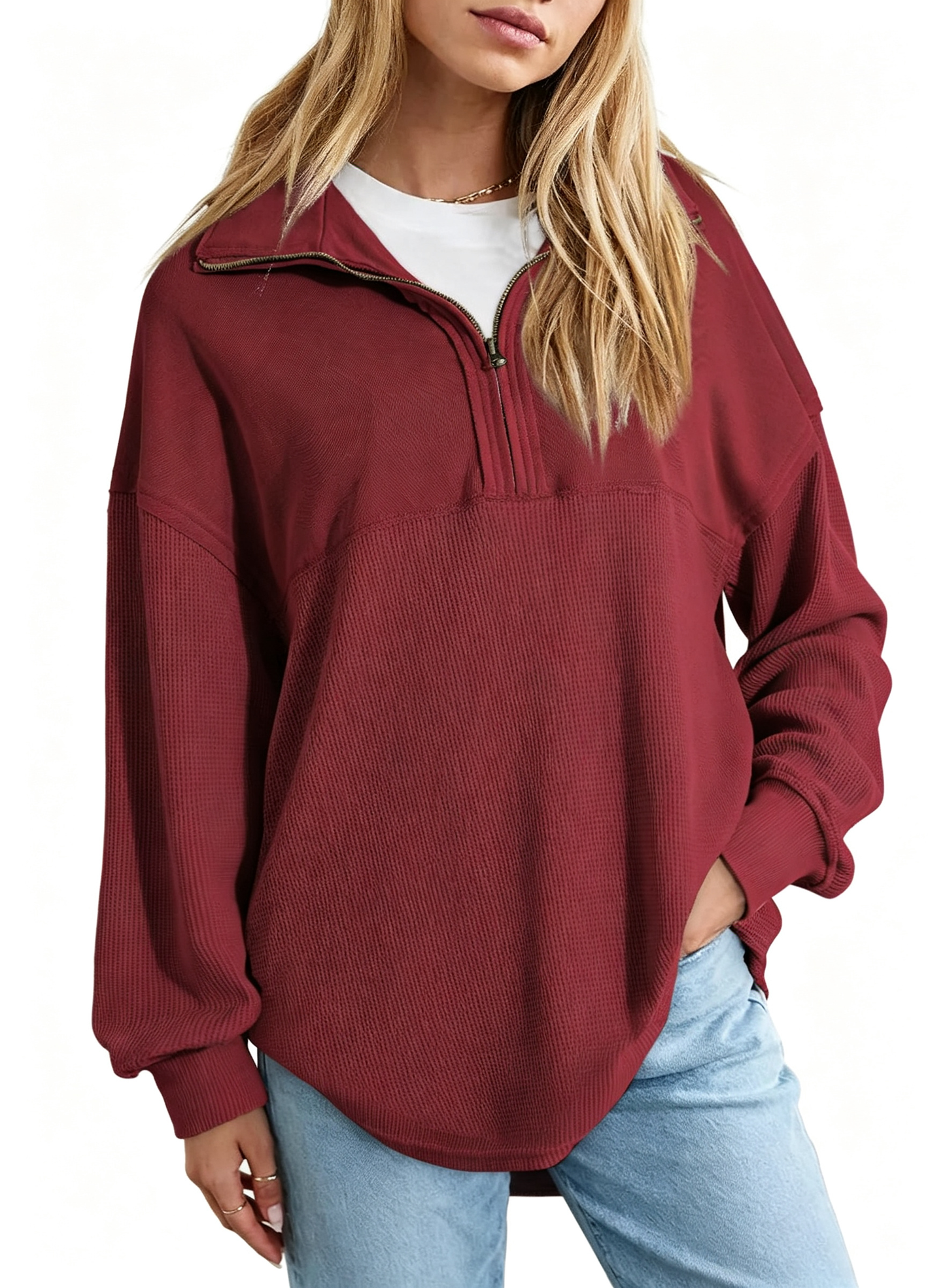 Women's  Waffle Knit Half Zip Pullover Casual Sweatshirt