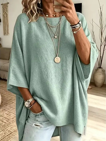 Women Round Neck Side Slit Oversized Batwing Sleeve Knit Top