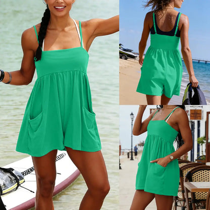 Summer Strappy Romper for Women Square Casual Oversized Workout Athletic Romper Neck Backless