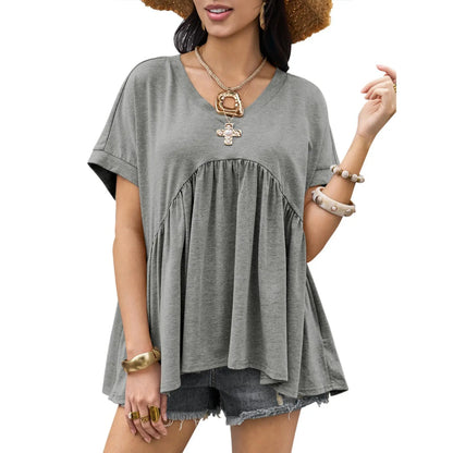 Women's Ruffled Top, Loose Babydoll Style, Short-Sleeve V-Neck T-Shirt