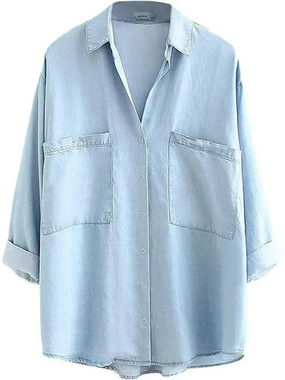 Women's Loose Pocket Denim Shirt Tops