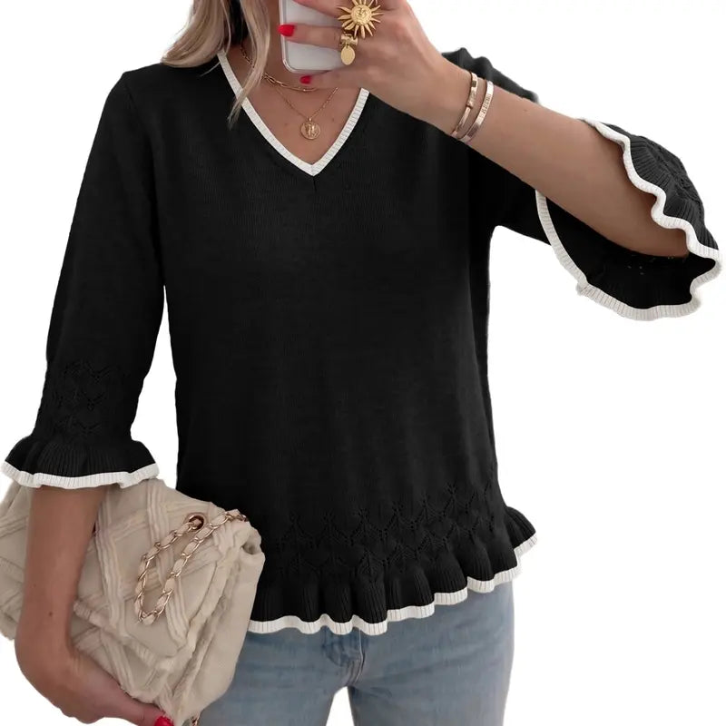 Women V Neck Eyelet Knit Pullover with 3/4 Ruffle Sleeve
