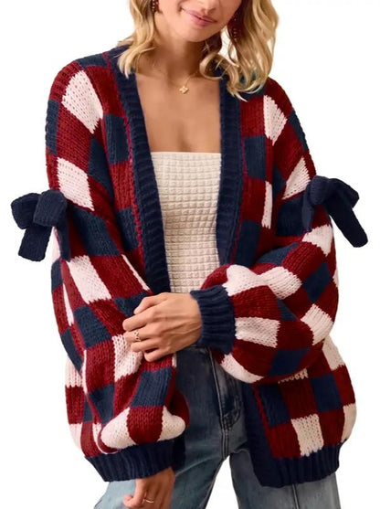 Women's Plaid Bow Knot Open Front Knit Cardigan