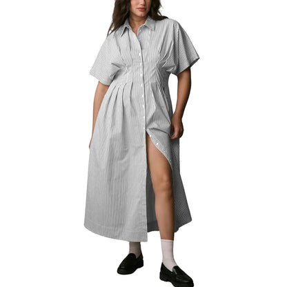 Pleated Waist Striped Shirt Midi Dress