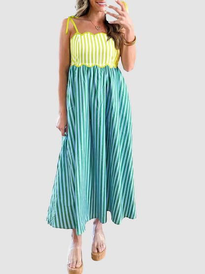 Stripe Scalloped Contrast Patchwork Knot Strap Midi Dress