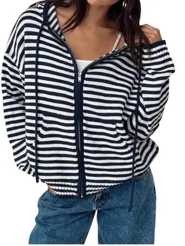 Women Y2K Striped Zip‑Up Hooded Oversized Jacket