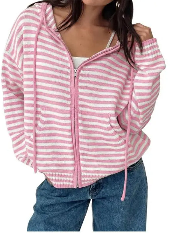 Women Y2K Striped Zip‑Up Hooded Oversized Jacket