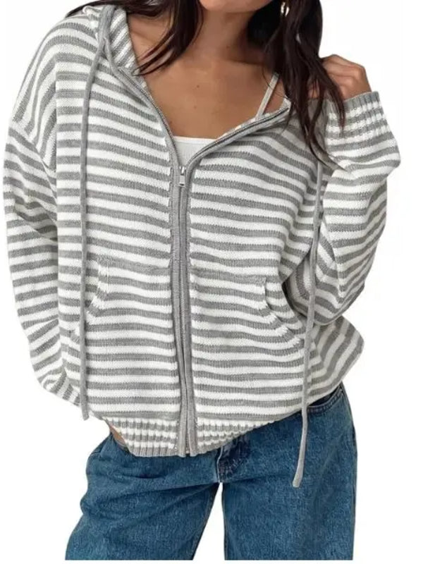 Women Y2K Striped Zip‑Up Hooded Oversized Jacket