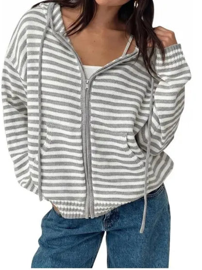 Women Y2K Striped Zip‑Up Hooded Oversized Jacket