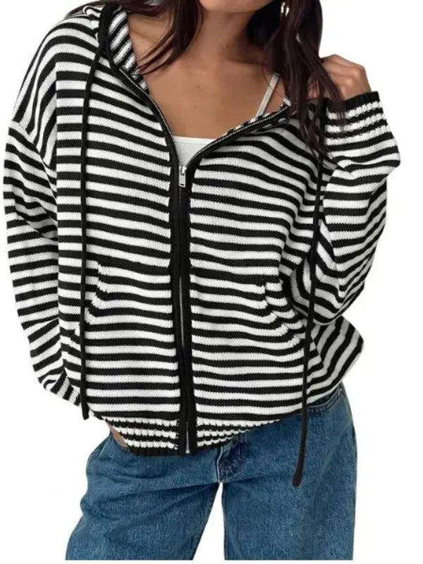 Women Y2K Striped Zip‑Up Hooded Oversized Jacket