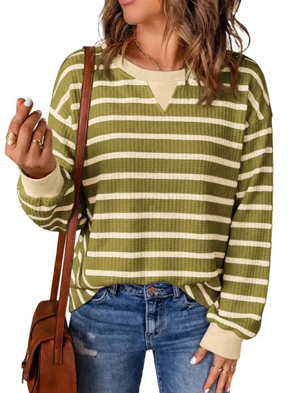 Women Oversized Striped Crewneck Long Sleeve Rib Cuff Casual Pullover Top
