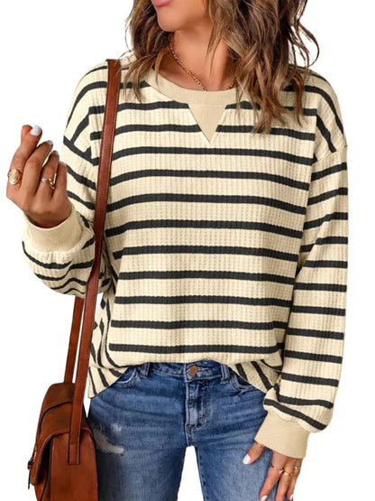 Women Oversized Striped Crewneck Long Sleeve Rib Cuff Casual Pullover Top