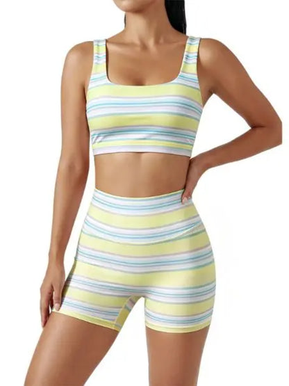 Women’s Rainbow Stripe 2 Piece Workout Set Tank Top High Shorts Matching