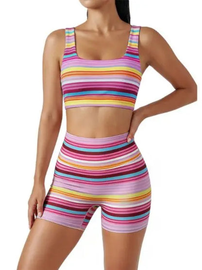 Women’s Rainbow Stripe 2 Piece Workout Set Tank Top High Shorts Matching