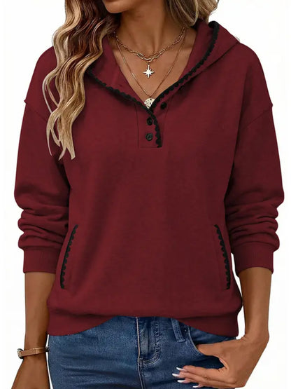 Women Oversized Scalloped Stitch Half‑Button Hooded Tunic Sweatshirt