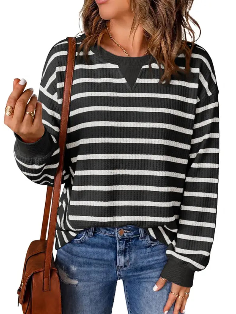 Women Oversized Striped Crewneck Long Sleeve Rib Cuff Casual Pullover Top