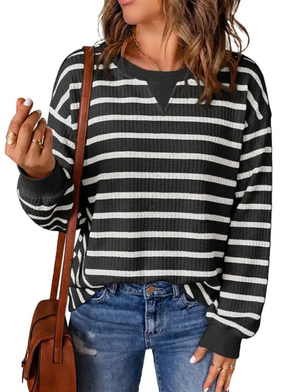 Women Oversized Striped Crewneck Long Sleeve Rib Cuff Casual Pullover Top
