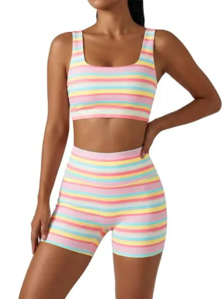 Women’s Rainbow Stripe 2 Piece Workout Set Tank Top High Shorts Matching