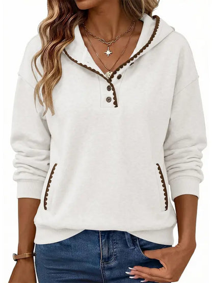 Women Oversized Scalloped Stitch Half‑Button Hooded Tunic Sweatshirt