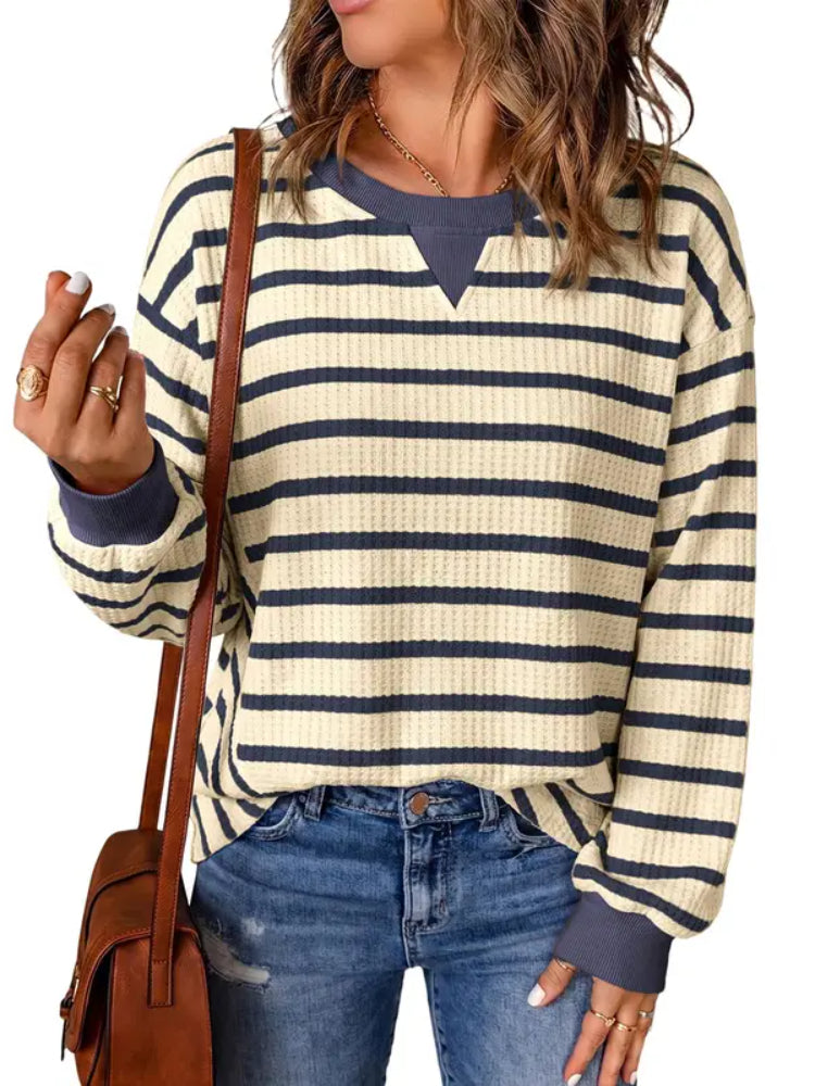 Women Oversized Striped Crewneck Long Sleeve Rib Cuff Casual Pullover Top