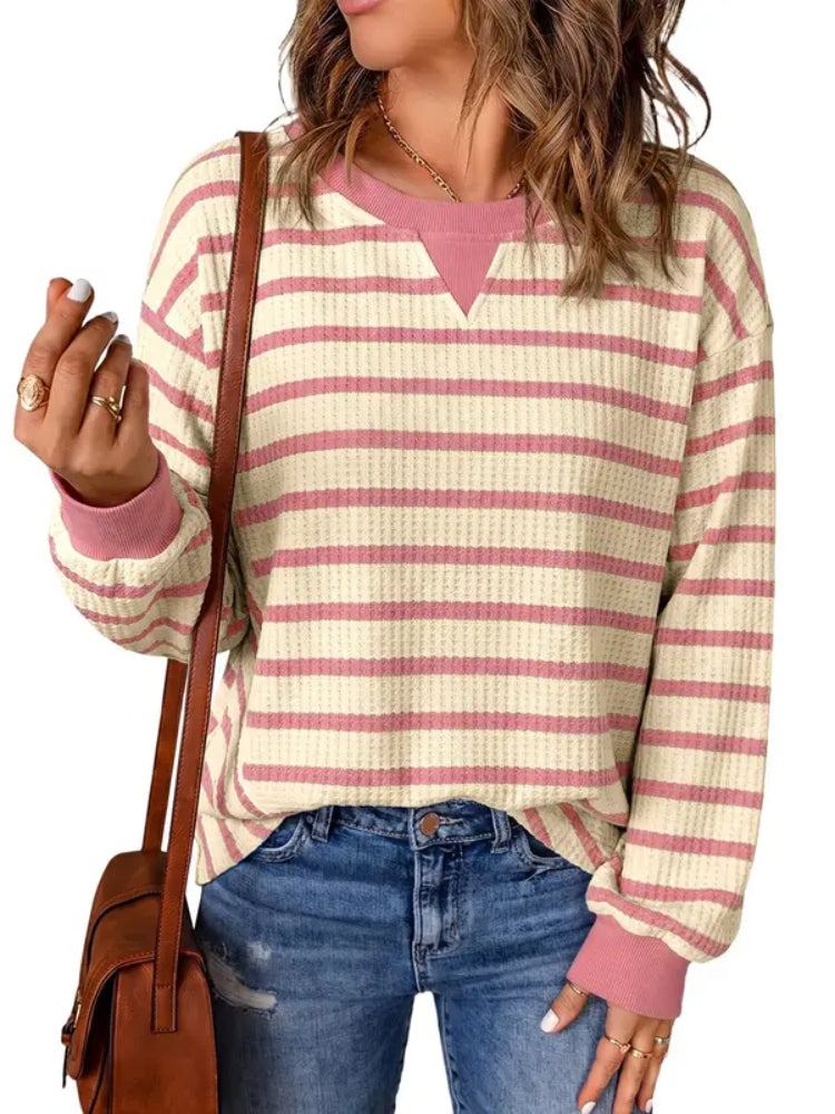 Women Oversized Striped Crewneck Long Sleeve Rib Cuff Casual Pullover Top