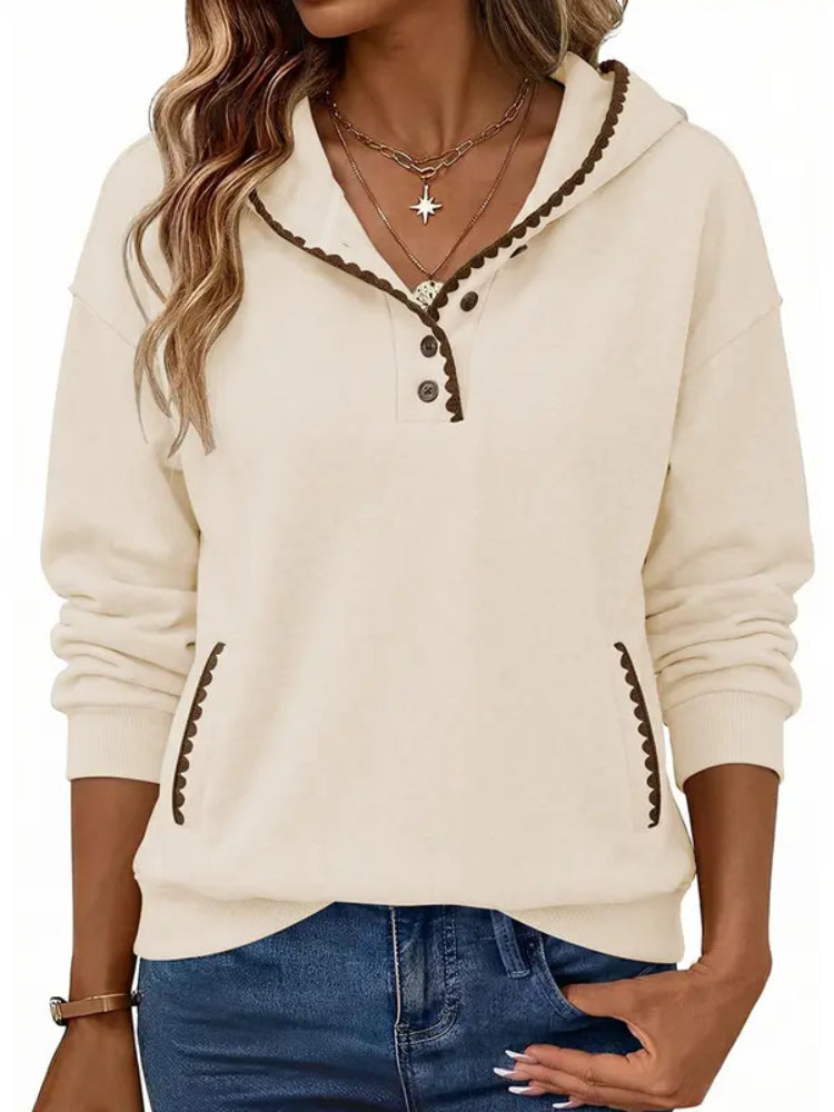 Women Oversized Scalloped Stitch Half‑Button Hooded Tunic Sweatshirt