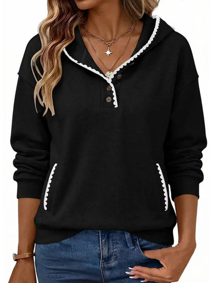 Women Oversized Scalloped Stitch Half‑Button Hooded Tunic Sweatshirt