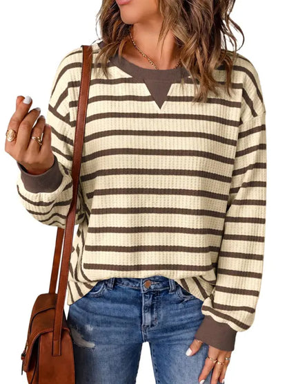 Women Oversized Striped Crewneck Long Sleeve Rib Cuff Casual Pullover Top