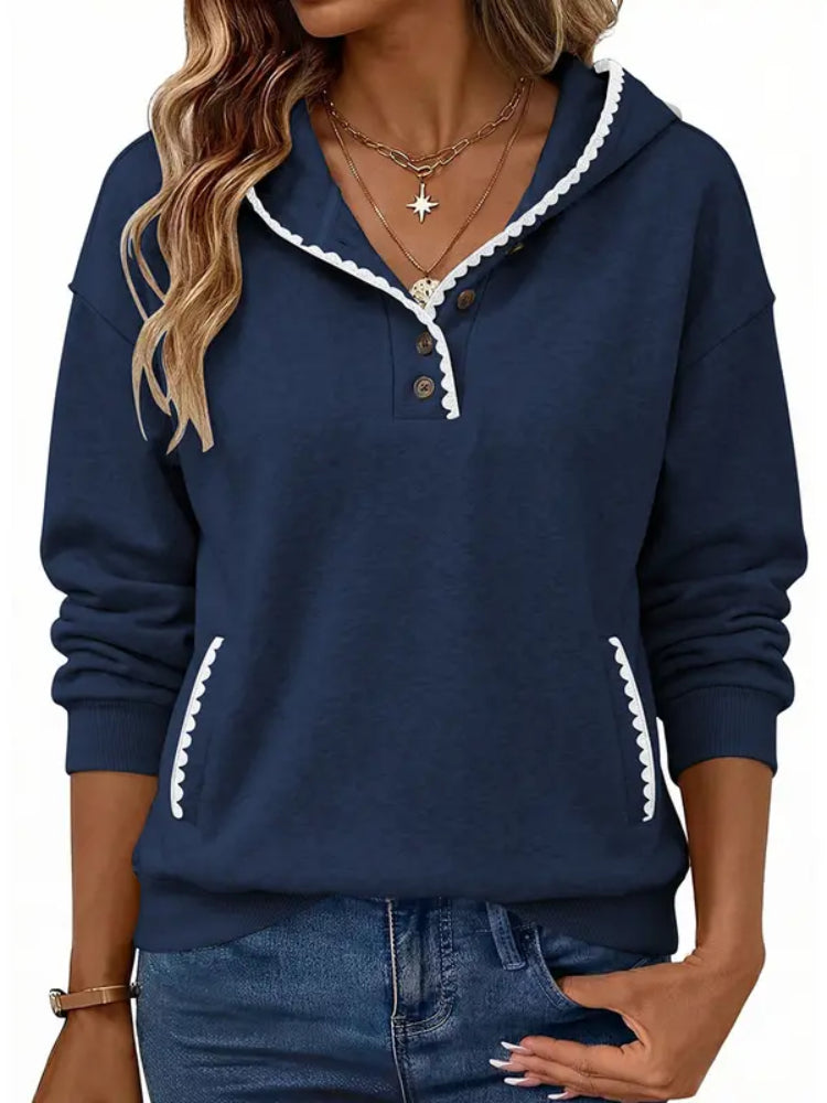 Women Oversized Scalloped Stitch Half‑Button Hooded Tunic Sweatshirt