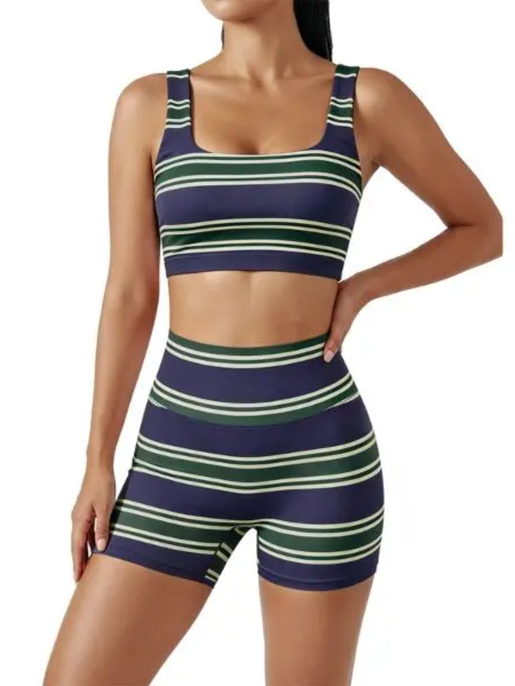 Women’s Rainbow Stripe 2 Piece Workout Set Tank Top High Shorts Matching