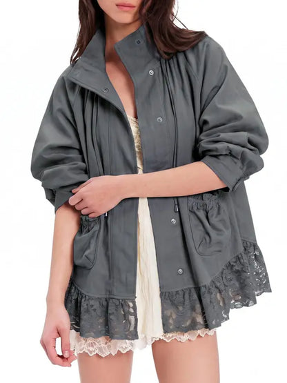 Women Lace Hem Stand‑Collar Drawstring Loose Jacket